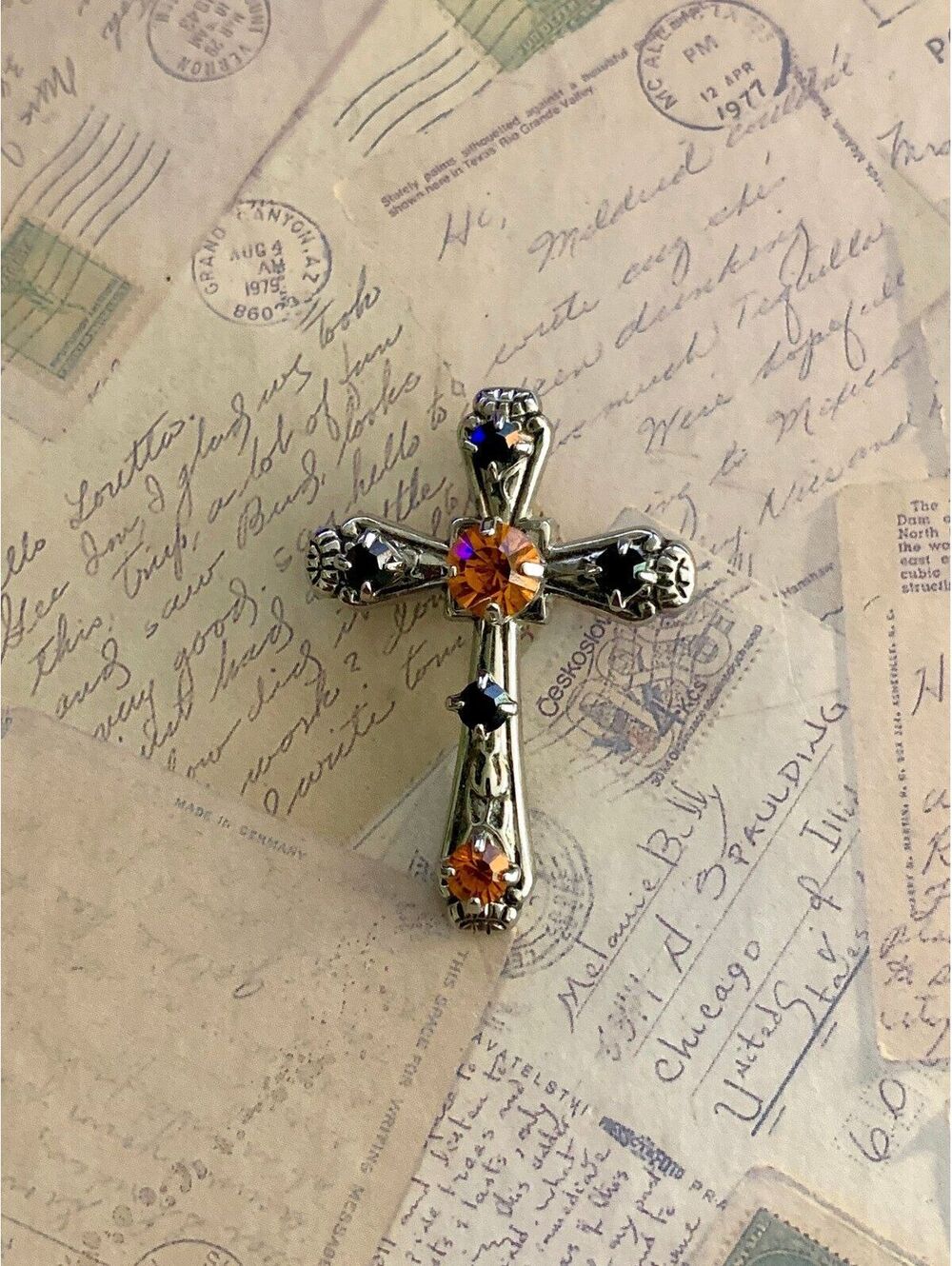Vintage Signed Stunning Silver Cross Brooch with Amber and Black Rhinestones